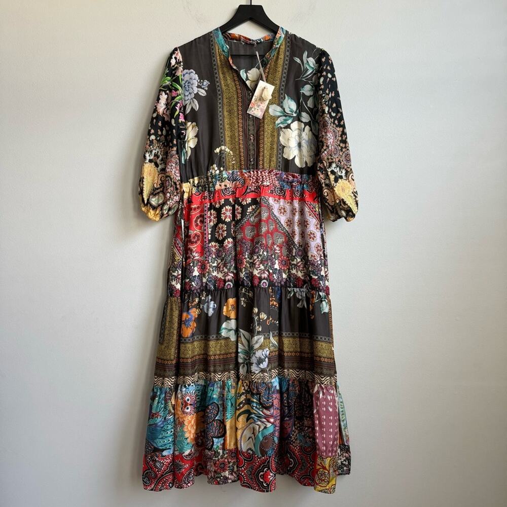 Johnny Was Multicolor Patchwork Floral Midi Dress - Black Base - Picture 2 of 12